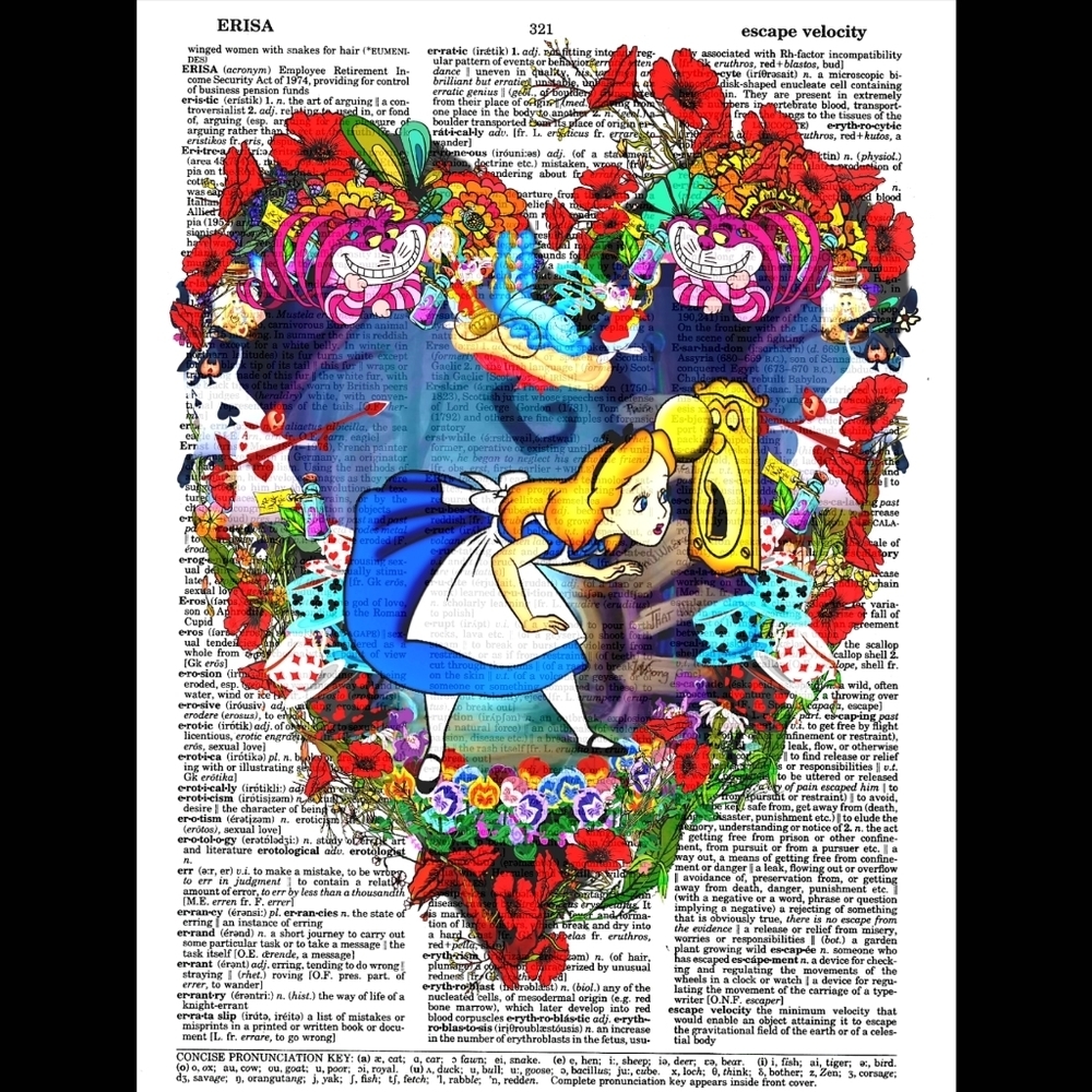 Alice in Wonderland Crew Poppy Heart Cheshire Cat Vintage Dictionary Art